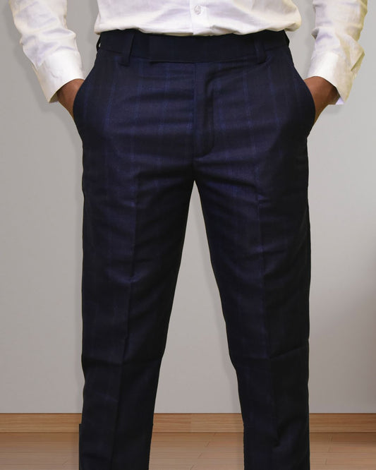 Bodyfuelz Navy Blue Checks Formal Trousers